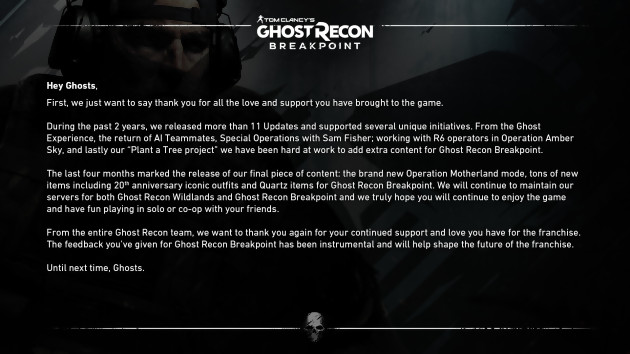 Ghost Recon Breakpoint: não haverá continuação, Ubisoft encerra o jogo e explica